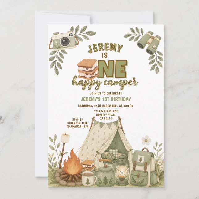 Invitación Gingham de S'mores Verdes Fiesta de Camping Chico (Anverso)