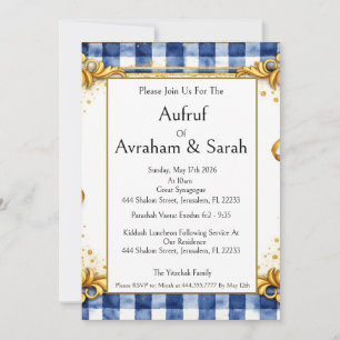Invitación Gingham dorado azul blanco, Aufruf judío, Lujo