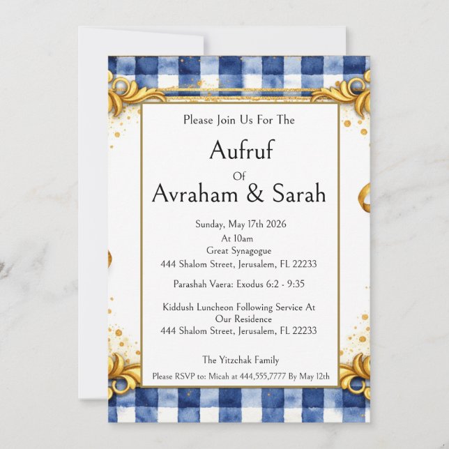 Invitación Gingham dorado azul blanco, Aufruf judío, Lujo (Anverso)