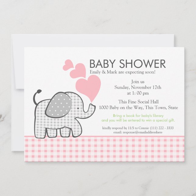 Invitación Gingham Elephant Pink Baby Shower (Anverso)