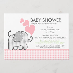 Invitación Gingham Elephant Pink Baby Shower
