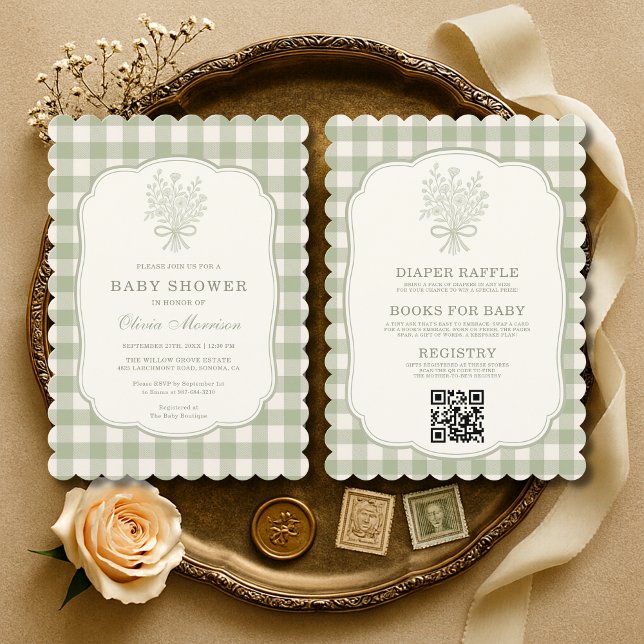Invitación Gingham Floral Bow All in One Baby Shower (Subido por el creador)