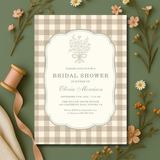 Invitación Gingham Floral Bow Beige Ivory Bridal Shower (Subido por el creador)