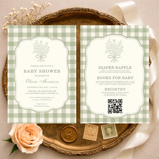 Invitación Gingham Floral Bow QR Code All in One Baby Shower (Subido por el creador)