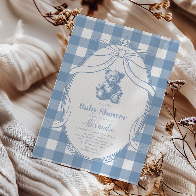 Invitación Gingham French Teddy Bear Baby Shower (Subido por el creador)