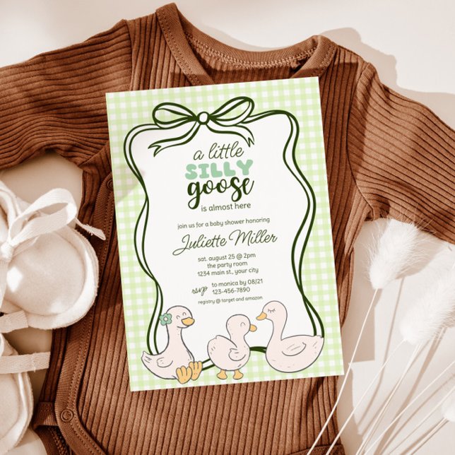 Invitación Gingham Goose Gender Neutral Baby Shower (Goose Gender Neutral Gingham Baby Shower Invite)