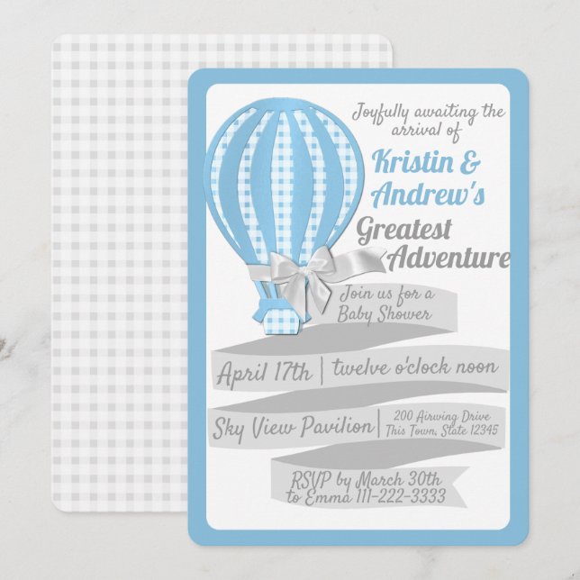 Invitación Gingham Hot Air Balloon Blue Baby Shower (Anverso / Reverso)