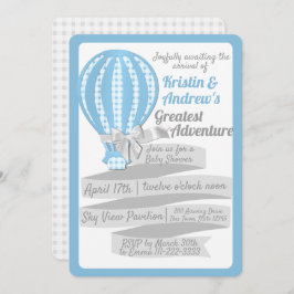 Invitación Gingham Hot Air Balloon Blue Baby Shower