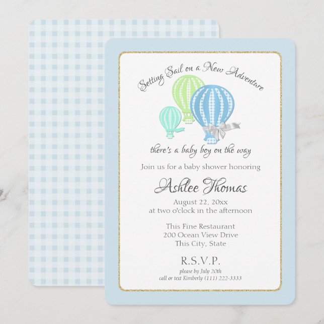 Invitación Gingham Hot Air Balloons Adventure Baby Shower (Anverso / Reverso)