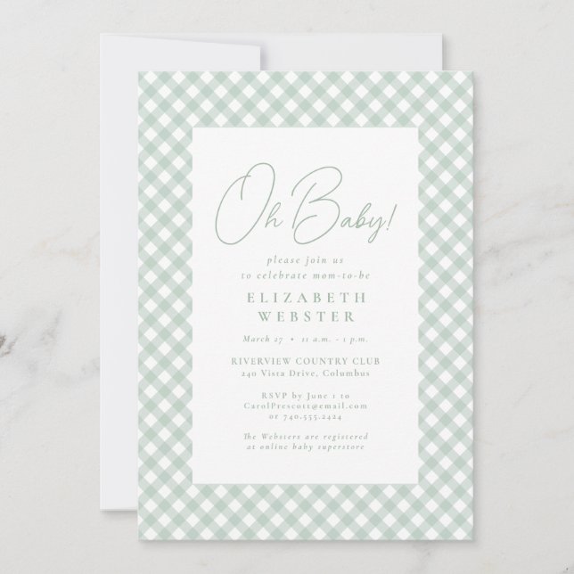 Invitación Gingham linda bebé verde neutro (Anverso)