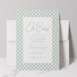 Invitación Gingham linda bebé verde neutro