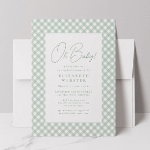 Invitación Gingham linda bebé verde neutro