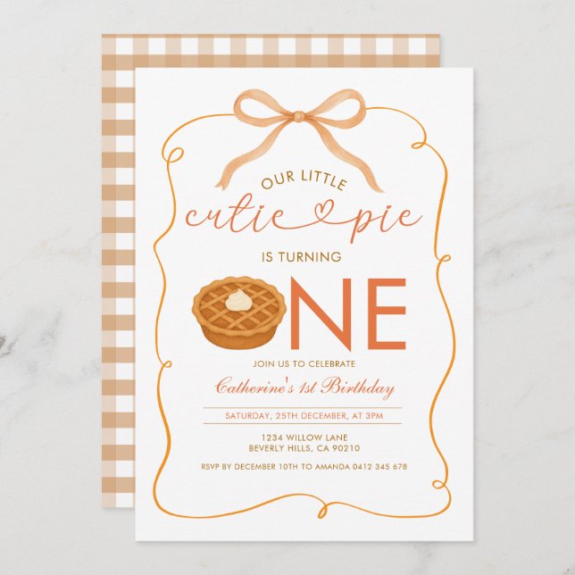 Invitación Gingham Little Cutie Pie Gender Neutral Birthday (Anverso / Reverso)