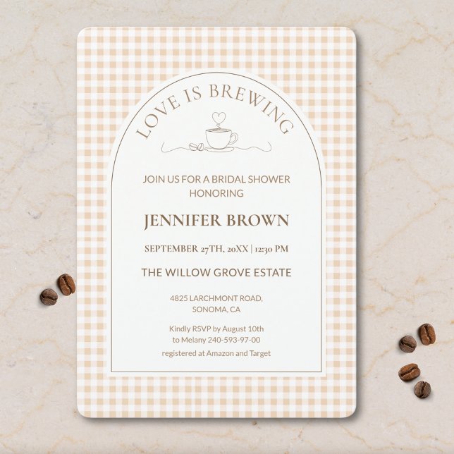 Invitación Gingham Love Is Brewing Coffee Bridal Shower (Subido por el creador)