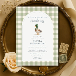 Invitación Gingham Mallard Duck Bow Sage Green Baby Shower