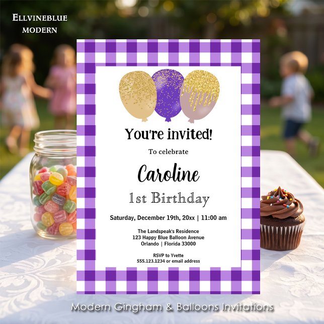 Invitación Gingham Morado, Globos de Fiesta Cumpleaños 1 (Purple gingham balloon invitations! For 1st Birthday or any birthday. Size 5” x 7”.)