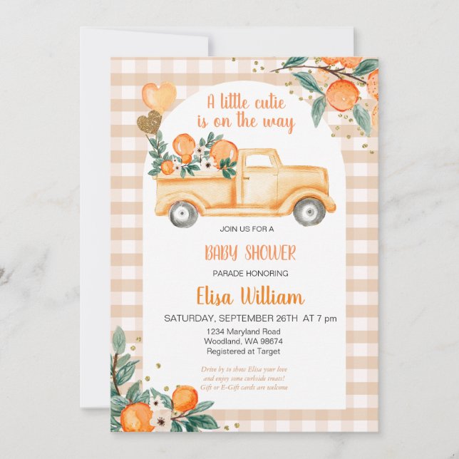 Invitación Gingham Naranja Citrus Little Cutie Baby Shower (Anverso)