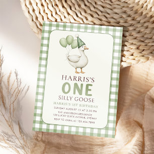 Invitación Gingham One Silly Goose 1er cumpleaños