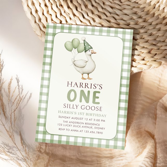 Invitación Gingham One Silly Goose 1er cumpleaños (Subido por el creador)