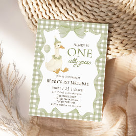 Invitación Gingham One Silly Goose 1st Birthday Invitation