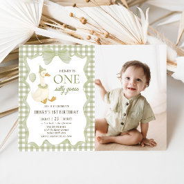 Invitación Gingham One Silly Goose 1st Birthday Photo