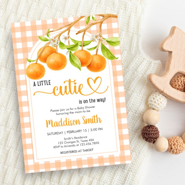 Invitación Gingham Orange Baby Shower (Little Cutie Orange Baby Shower Invitation)