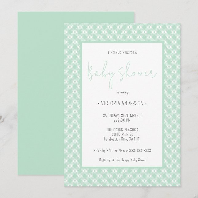 Invitación Gingham Pastel Mint Sexo Neutral Baby Shower (Anverso / Reverso)