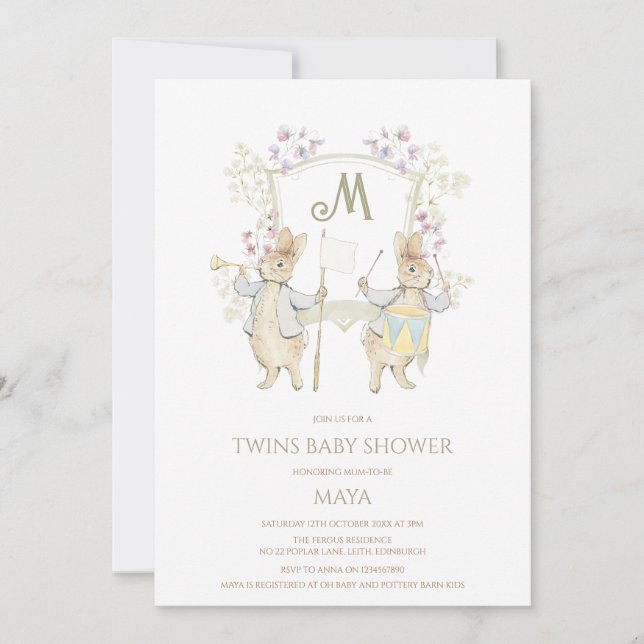 Invitación Gingham Peter the Rabbit Escudo Twins Baby Shower (Anverso)