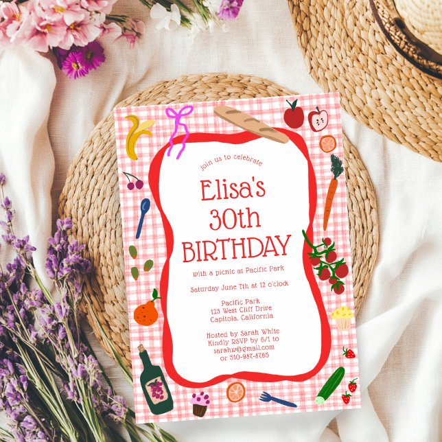 Invitación Gingham Picnic Modern Cute PERSONALIZADO BIRTHDAY  (Gingham Picnic Modern Cute CUSTOM BIRTHDAY PARTY Invitation
)