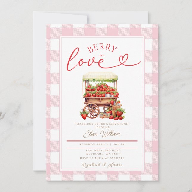 Invitación Gingham Pink Berry en una ducha de bebé enamorada (Anverso)