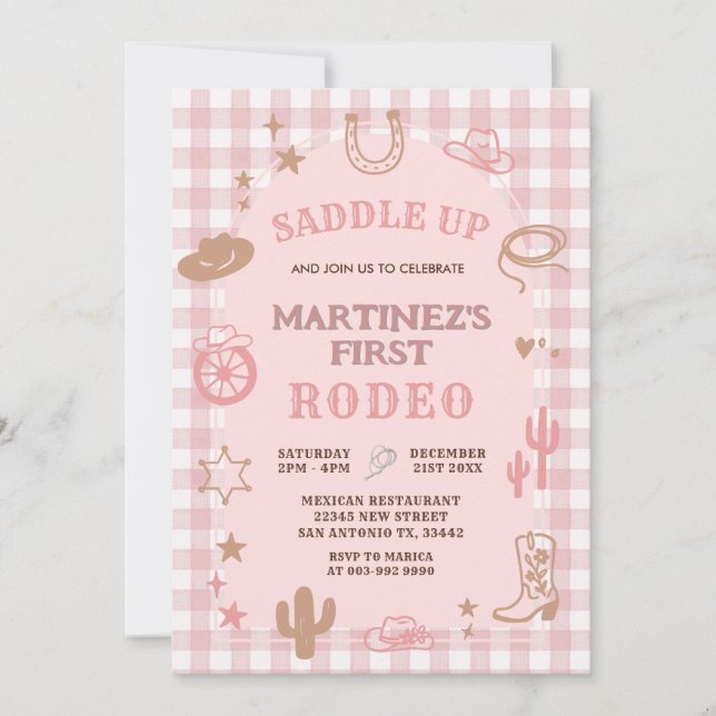 Invitación Gingham Pink Chica Mi Primera Joven Rodeo Cumpleañ (Anverso)