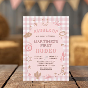 Invitación Gingham Pink Chica Mi Primera Joven Rodeo Cumpleañ