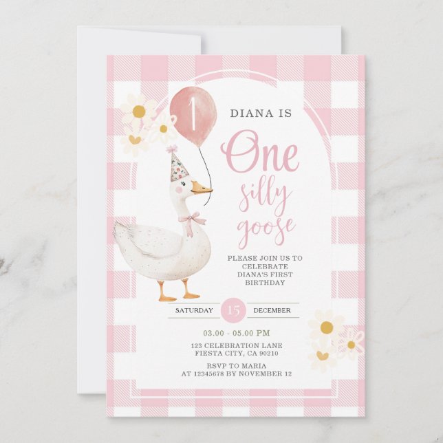 Invitación Gingham Pink Daisy One Silly Goose 1er cumpleaños (Anverso)
