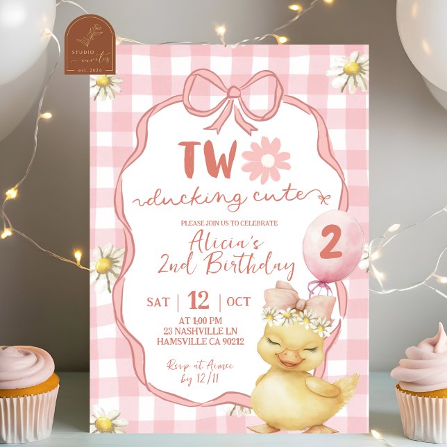 Invitación Gingham Pink Daisy Yellow Duck 2nd Birthday (Subido por el creador)