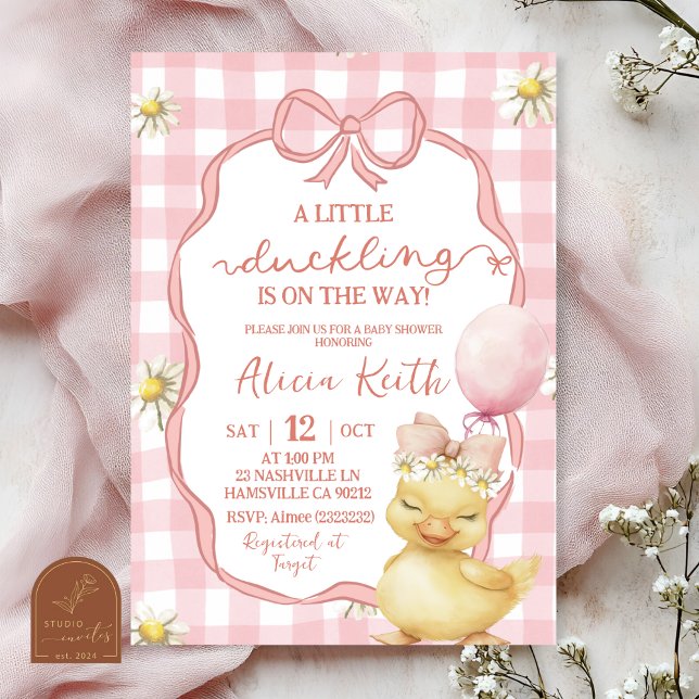 Invitación Gingham Pink Daisy Yellow Duck Baby Shower (Subido por el creador)