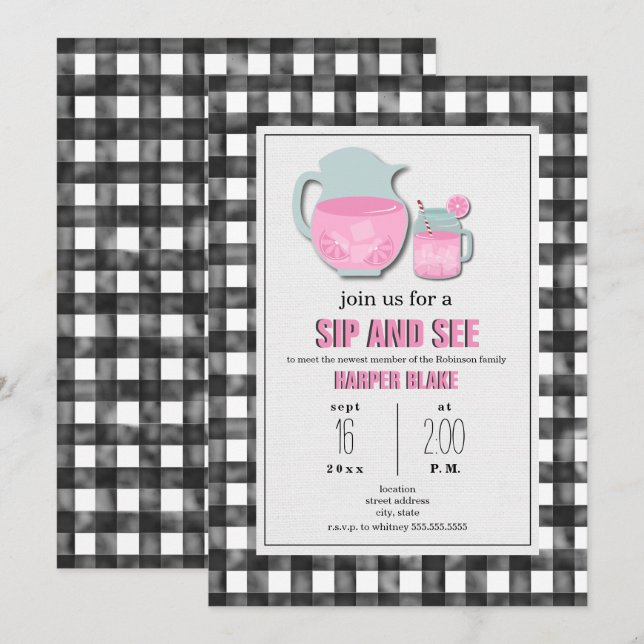 Invitación Gingham Pink Lemonade Sip & See Baby Invitation (Anverso / Reverso)