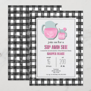 Invitación Gingham Pink Lemonade Sip & See Baby Invitation