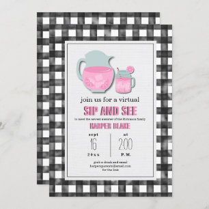 Invitación Gingham Pink Lemonade Virtual Sip & See Baby