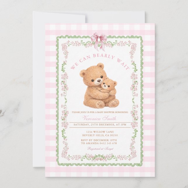 Invitación Gingham Pink We can bearly wait Bear Baby Shower (Anverso)