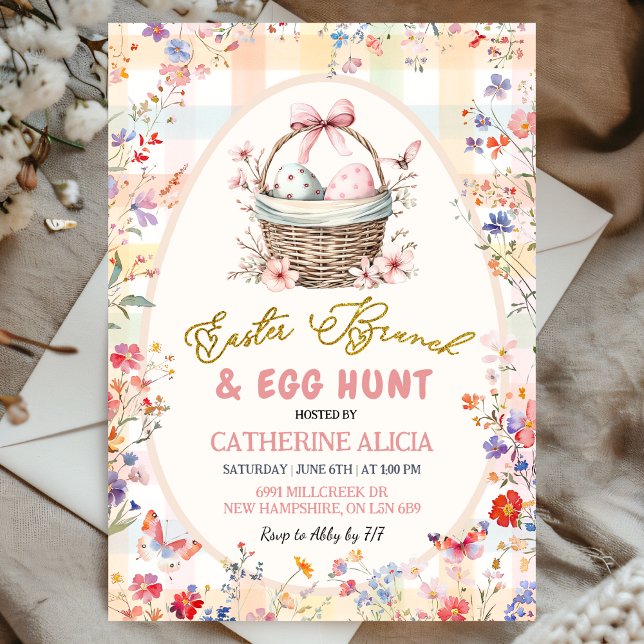 Invitación Gingham Pink Wildflower Easter Egg Hunt and Brunch (Subido por el creador)