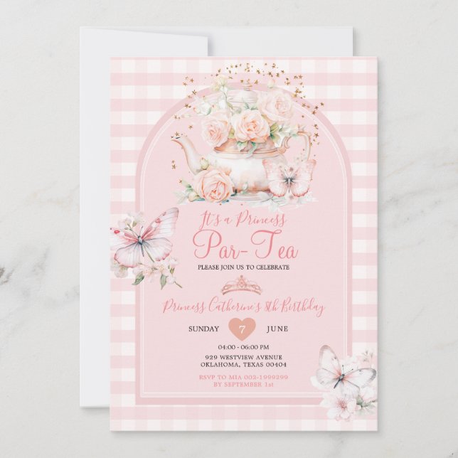 Invitación Gingham Princess ParTea Pink Butterfly Birthday (Anverso)