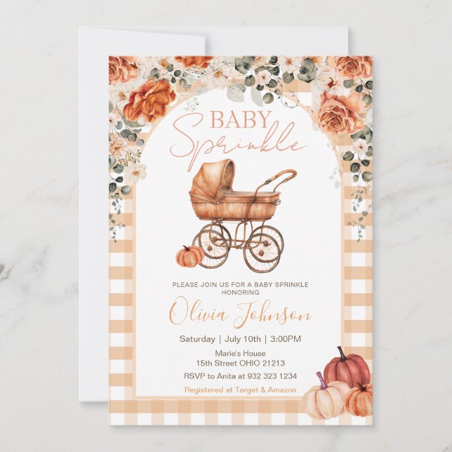 Invitación Gingham Pumpkin Stroller Baby Sprinkle Baby Shower (Anverso)