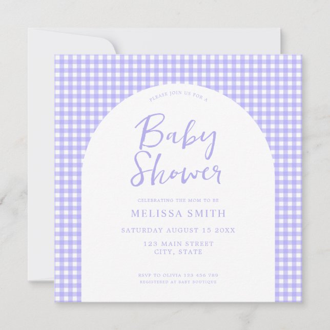 Invitación Gingham Purple Checkered Plaid Baby Shower (Anverso)