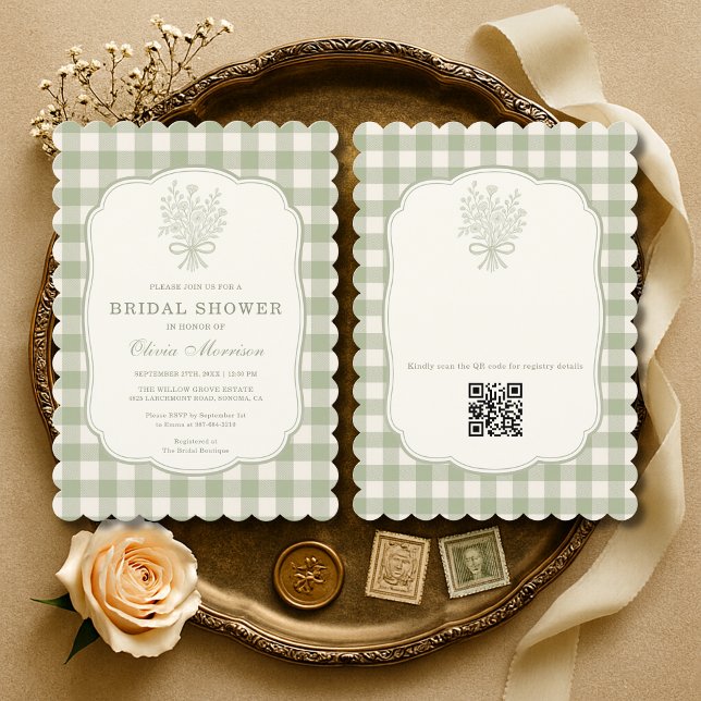 Invitación Gingham QR Code Sage Green Floral Bridal Shower (Subido por el creador)