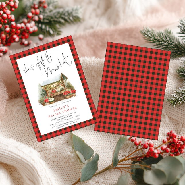 Invitación Gingham Red Green fuera de la ducha de novias en e (Front and back view)