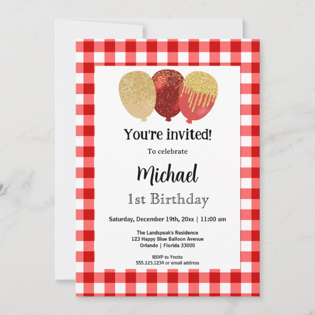Invitación Gingham Rojo, Globos de Fiesta Cumpleaños 1 (Anverso)