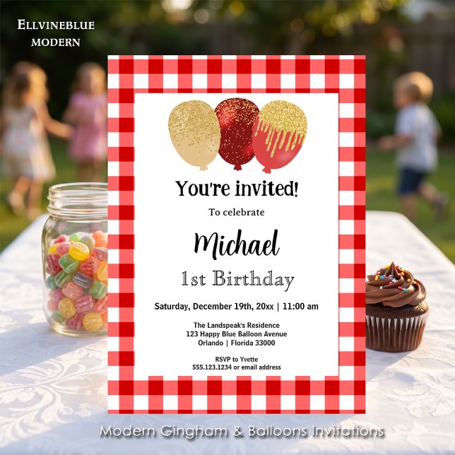 Invitación Gingham Rojo, Globos de Fiesta Cumpleaños 1 (Red gingham balloon invitations! For 1st Birthday or any birthday. Size 5” x 7”.)