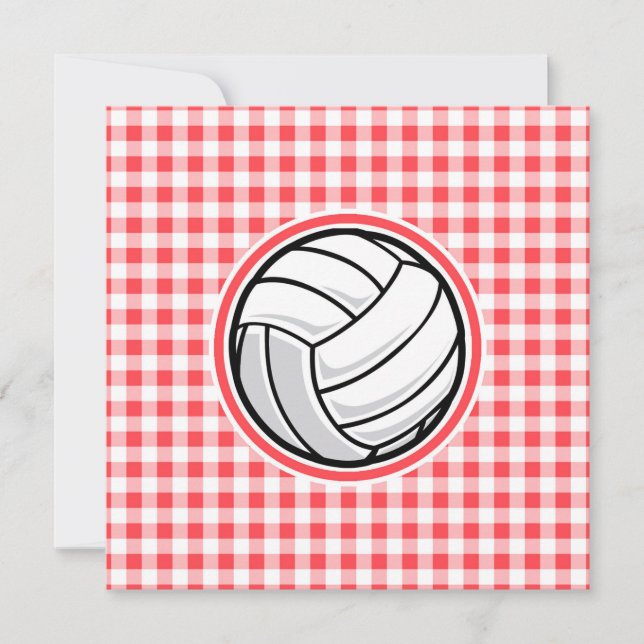 Invitación Gingham rojo y blanco; voleibol (Anverso)