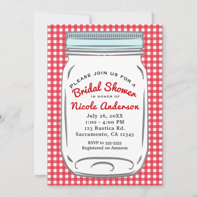 Invitación Gingham Rojo y Frasco de Mason Azul Rústico País (Anverso)