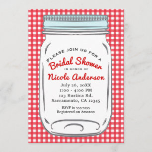 Invitación Gingham Rojo y Frasco de Mason Azul Rústico País